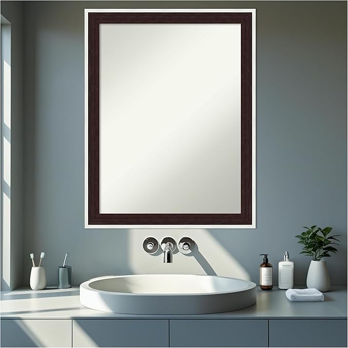 Amanti Art Bathroom Mirror for Over Sink, 27x21 Maya Espresso Silver Rectangle Vanity Mirror, Medium Modern Contemporary Frame, Hangs Horizonally and Vertically, Bathroom Wall Decor, Non-Beveled Edge