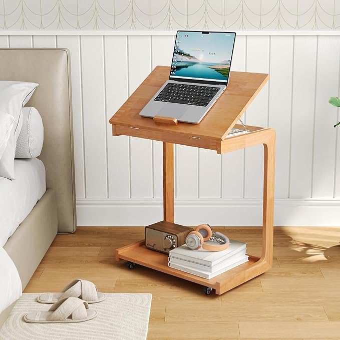 CozyDH Adjustable C Shaped End Table, Rolling Side Table Solid Wood TV Sofa Tray Table for Couch Arm Eating Multi-Purpose, Small Coffee Table with Wheels Living Room Bedroom, Cherry