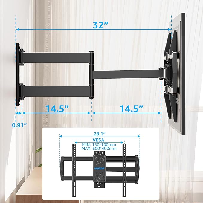 MOUNTUP Corner TV Wall Mount for Most 42-75 Inch TVs with 32” Long Extension, Long Arm TV Mount, Full Motion TVs Mount Swivel Articulating Mounts, MAX VESA 600x400mm, Holds up to 99 lbs MU0076