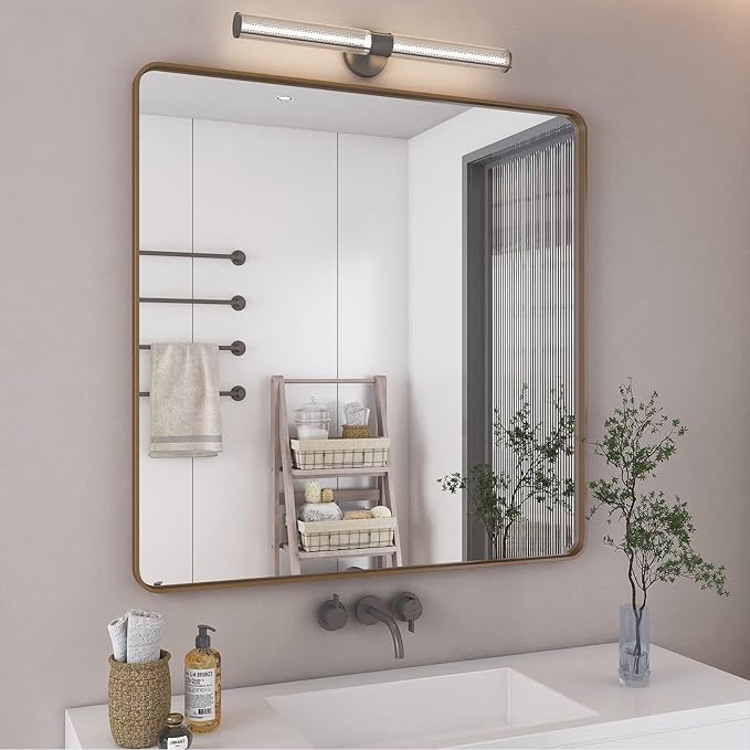 36x36 Square Gold Bathroom Mirror for Wall, Brushed Golden Framed Vanity Mirror, Modern Rectangle Metal Mirror for Entry, Shatterproof, Anti-Rust (Horizontal/Vertical)