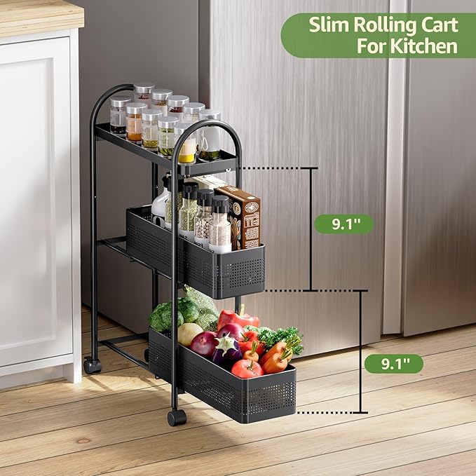 KINGRACK 3-Tier Slim Storage Cart with Pull Out Basket, Rolling Bathroom Organizer Utility, Metal Shelving Unit Slide Out, Lockable Wheels, Easy Assembly for Narrow Place, Kitchen, Laundry Room, Black