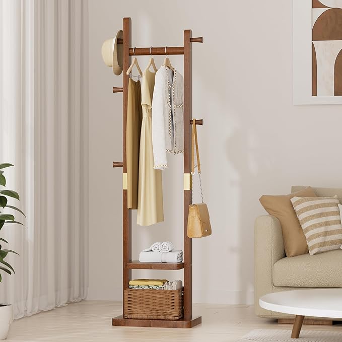 Solid Wood Coat Rack Clothes Rack, Coat Rack Freestanding with 2 Shelves and 5 Hooks, Heavy Duty Coat Tree for Entryway, Living room, Coat Hanger Stand for Hats, Bags Clothes(Walnut Brown)