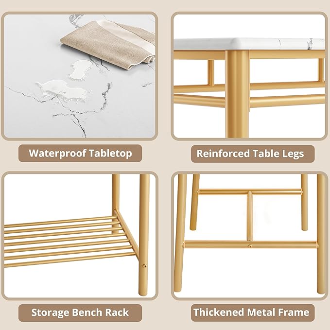 IRONCK Dining Table Set for 4, Kitchen Table with Upholstered Bench and 2 Chairs, Kitchen Table and Chairs Set for Small Space, Apartment, White & Gold