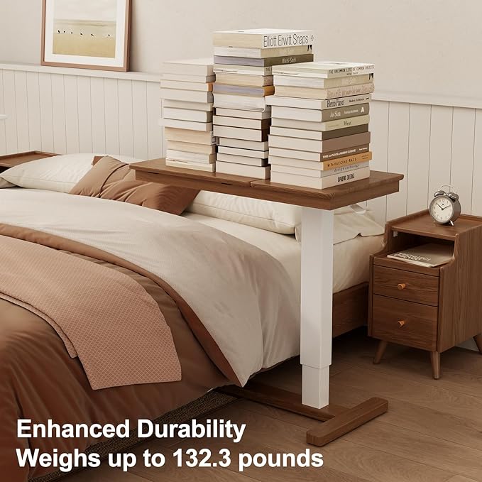 Solid Wood Overbed Bedside Table with Wheels, Adjustable Medical Tilt Top Hospital Bed Table Over The Bed, Rolling Laptop Desk, Mobile Standing Desk for Hospital and Home Use (Walnut)