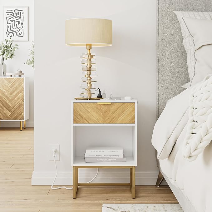 Masupu Nightstand with Charging Station,Modern Night Stand Boho Farmhouse Wood Bedside Table with Storage Drawer Side End Table for Bedroom,Living Room,Office,White with Outlet