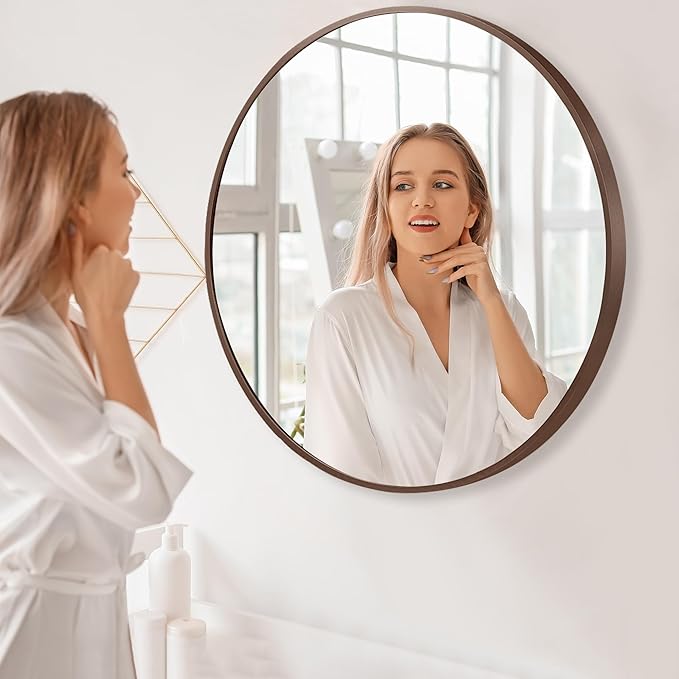 24 inch Circle Wall Mirror, Brushed Bronze Metal Framed Round Mirror for Bathroom Vanity, Bedroom Decor, Living Room, Entryway