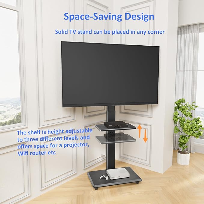 Rolling TV Stand, Mobile TV Cart for 32-75 Inch TVs up to 110 lbs, 18 Adjustable Heights, TV Floor Stand with Swivel Mount & Shelf, Max VESA 600x400mm, TV Stand on Wheels for Bedroom, Office, Outdoor