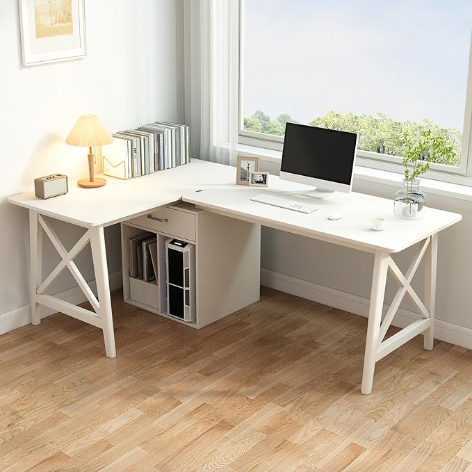 2-Person Desk with Storage Cabinet - 94" Wooden Extra Long L Shaped Table, Double Work Study Computer Workstation for Home Office, White, 94" W x 24" D