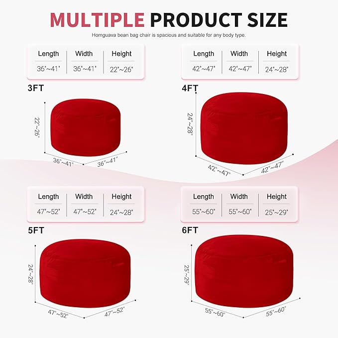 Homguava 3FT Bean Bag Chair: 3' Bean Bags with Memory Foam Filled, Large Beanbag Chairs Soft Sofa with Dutch Velet Cover-Red