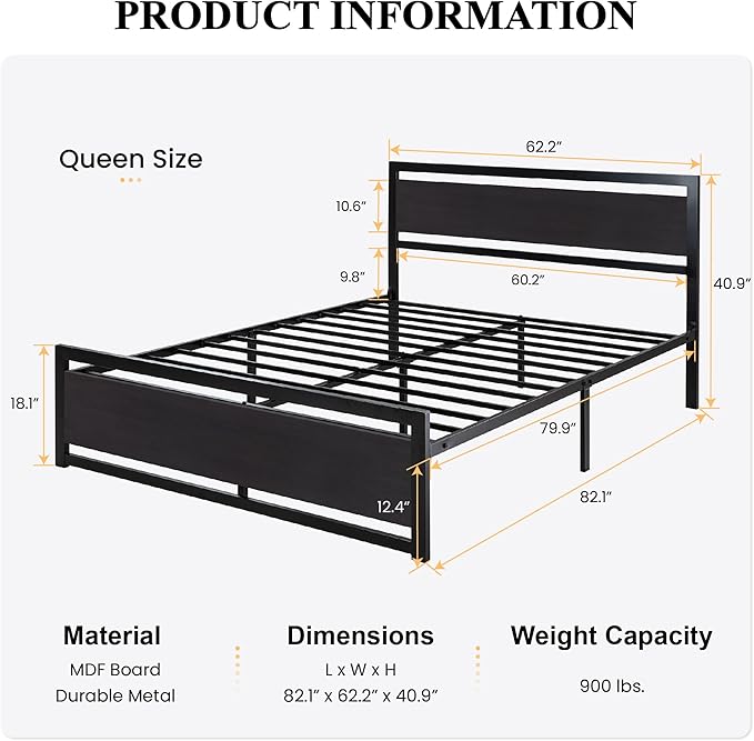 SHA CERLIN Queen Size Bed Frame with Modern Headboard, Heavy Duty Platform Metal Base with Square Footboard and 13 Strong Slats Support, No Box Spring Needed, Black