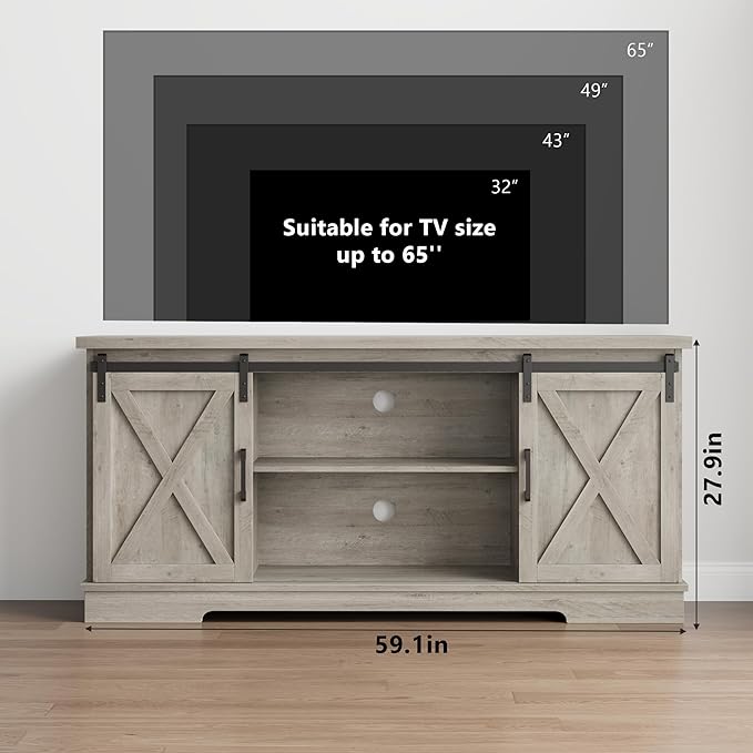 IDEALHOUSE Farmhouse Tv Stand for 65 Inches TVs, Entertainment Center with Storage and Sliding Barn Doors, Adjustable Shelf Modern Media TV Console TV Stand Table for Living Room, Bedroom, Grey