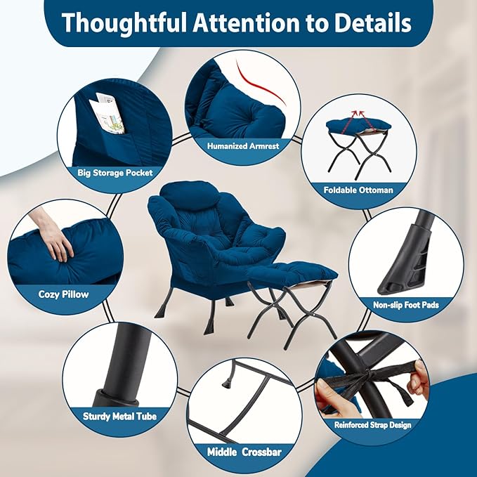 Lazy Chair with Folding Ottoman, Accent Chair Velvet Upholstered with Metal Structure and Non-Slip Pads, Sofa Armchair with Footrest and Side Storage Bag for Dorm, Room, Office, Blue