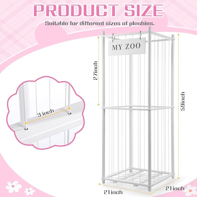 Stuffed Animal Storage Zoo, Wooden Stuffed Animal Organizer with Elastic Cords for Boys Girls, Space Saving Toy Plushies Storage Holder for Playroom, Bedroom, Living Room (White, Large)