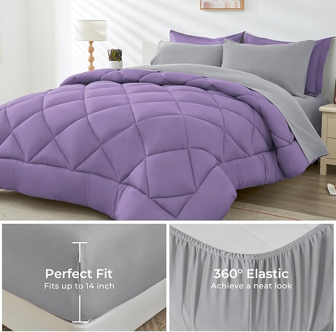 HEVUMYI Queen Comforter Set - 7-Piece All Season Bed in a Bag Queen, Ultra Soft Bedding Set with Comforter, Flat Sheet, Fitted Sheet, Pillowcases, Pillow Shams, Purple & Light Grey