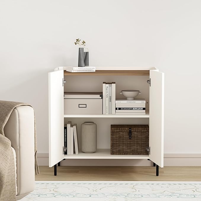 Manhattan Comfort Abbey Accent Cabinet with Doors, Tray Top Design and Adjustable Shelves, Sleek Modern Storage Furniture for Dining Area, Living Room, Bedroom, Entryway, Maple and Off White