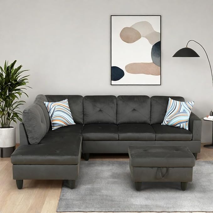 L-Shaped Sectional Sofa with Ottoman, Right-Facing Modern Microfiber Couch for Living Room, Bedroom, Office, Espresso