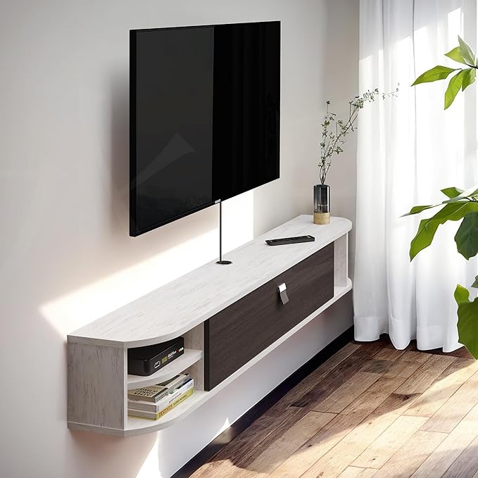 Pmnianhua Floating TV Stand,47'' Under TV Shelf,Floating TV Console,Wall Mounted TV Cabinet,Floating Entertainment Center with Storage for Bedroom Living Room(Gray-White)