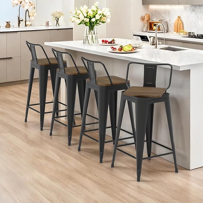 26 Inch Swivel Bar Stools Set of 4, Counter Height Bar Stools with Low Back, Metal Industrial Bar Chairs for Kitchen Island (Matte Black)