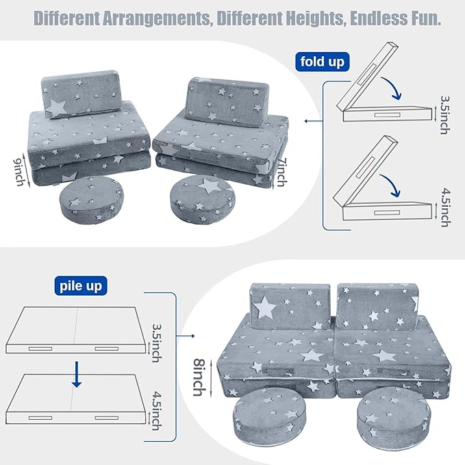MeMoreCool 8-Piece Kids Modular Play Couch — Glow-in-The-Dark Star Foam Sofa Set for Toddlers, Convertible Fort Building & Climbing Furniture with Washable Covers, Playroom & Indoor Activity Set