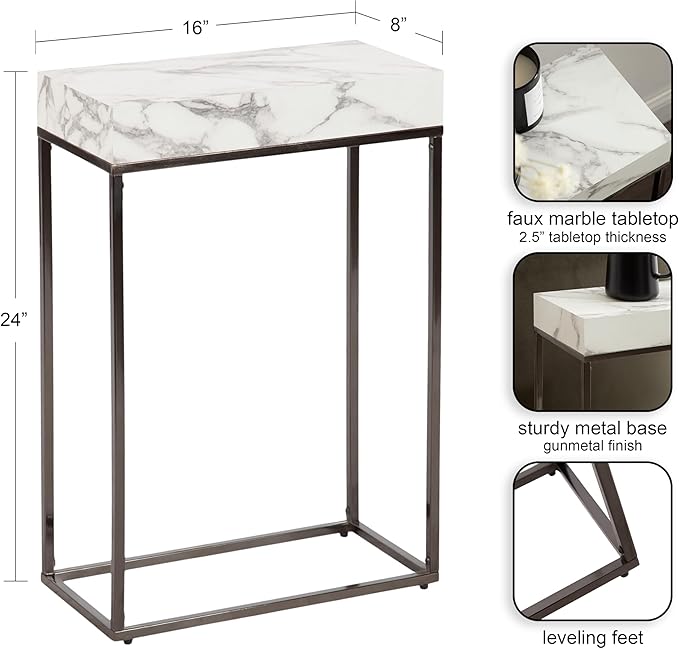 Kate and Laurel Karlsen Modern Faux Marble and Metal Narrow Side Table, 16 x 8 x 24, White and Gray Gunmetal, Minimal Slim End Table for Use as Bedroom Nightstand or Entryway Accent