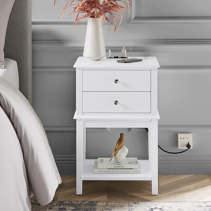 conifferism White Nightstand with Charging Station 28 inches Tall for Bedroom, Sofa Side Table with 2 Drawers,Large End Table with USB Ports,Modern Bedside Table for Home Living Room