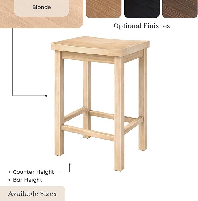 Grain & Grove Smith Collection Solid Wood Counter Height Bar Stool, 24-Inch Saddle Seat Backless Stool, Ideal for Kitchen Island, Dining, or Home Bar Seating, Blonde