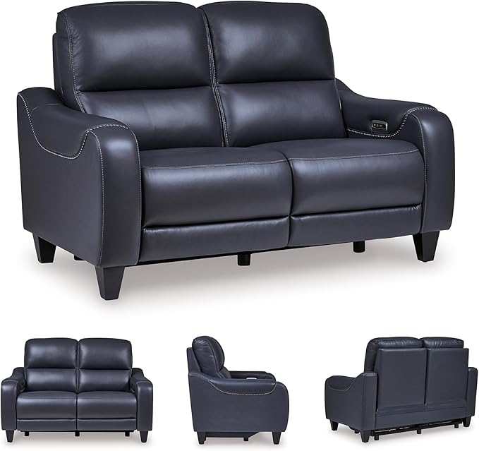 Signature Design by Ashley Mercomatic Contemporary Leather Match Wall Hugger Power Reclining Loveseat with Adjustable Headrest and USB Ports, Blue