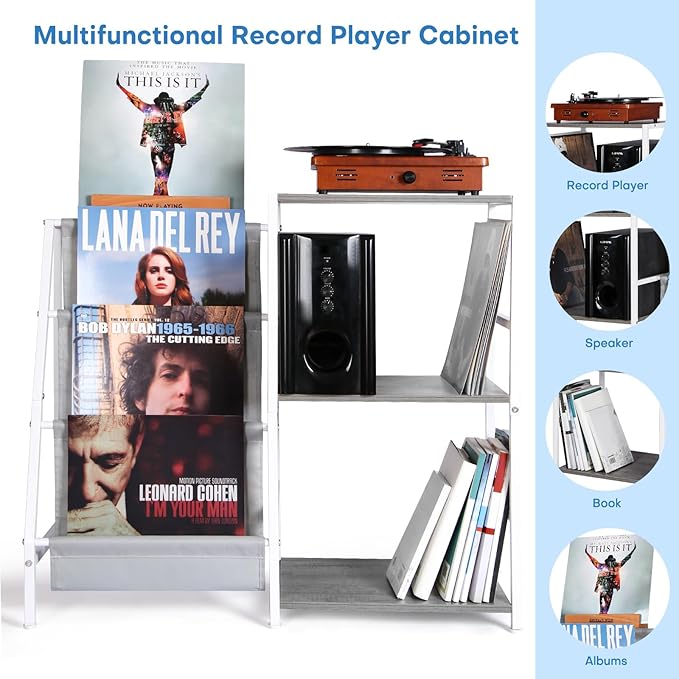 Record Player Stand, 3-Tier Vinyl Record Storage, Turntable Stand with Now Playing Holder, Vinyl Display for Living Room, Grey & White