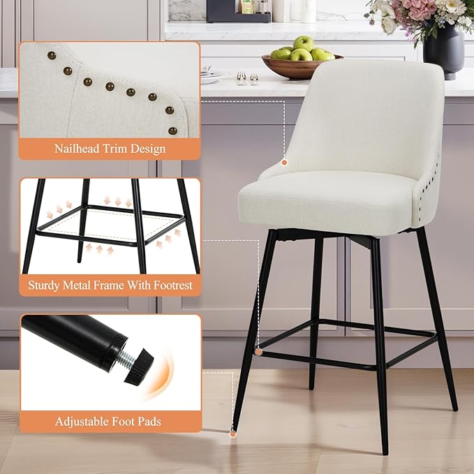 COLAMY Bar Stools Set of 4, 26.18" Counter Height Swivel Stools with Thick Padded Seat, Adjustable Footrest & 360° Rotation, Soft Fabric Upholstery for Kitchen Island/Home Bar/Cafe, Beige