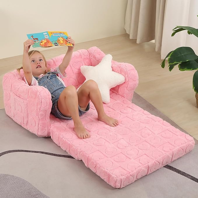 Extra Wider Seating Toddler Couch, 2-in-1 Toddler Soft Couch Fold Out with Star Pillow, Convertible Sofa to Lounger for Girls and Boys, Pink Heart