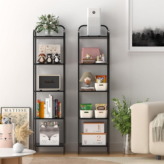 Book Shelf, 5 Tier Bookshelf, Bookcase with 5 Shelves, Storage Rack Organizer, Corner Wood Storage Shelf with Metal Frame for Bedroom, Living Room, Black