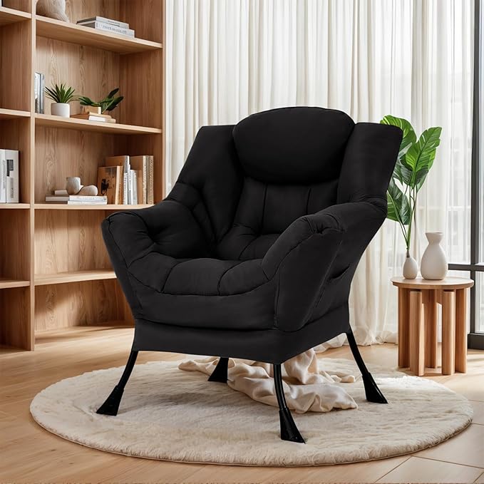 Lazy Chair for Living Room, Modern Accent Chairs with Armrests, Comfy Lounge Chair with Side Pocket, Cozy Lazy Sofa for Reading, Balcony, Bedroom, Dorm, Small Spaces (Black)