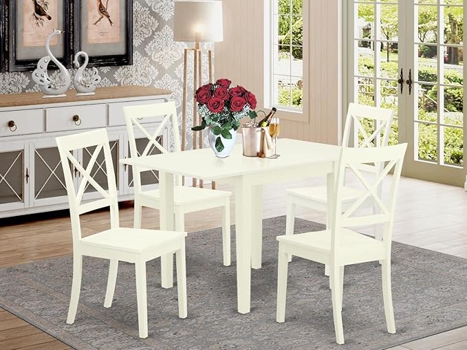 East West Furniture NDBO5-LWH-W 5 Piece Dining Room Table Set Includes a Rectangle Dining Table with Dropleaf and 4 Wood Seat Chairs, 30x48 Inch, Linen White