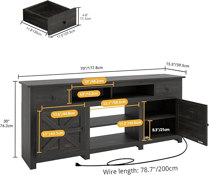 DWVO Farmhouse TV Stand for 75/80 Inches TVs, Entertainment Centers Furniture 30" Tall, TV Consoles with Storage Drawers & Power Outlet, Rustic TV Stands for Living Room, Dark Rustic Oak