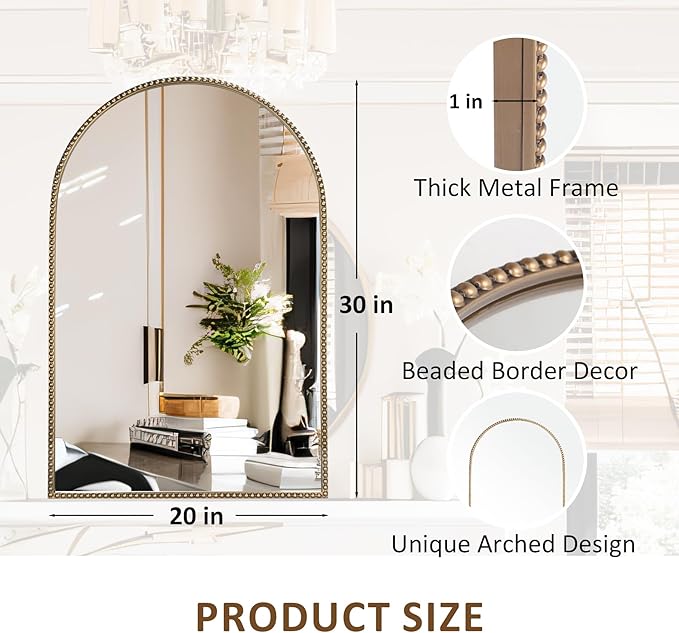 Arched Wall Mirror for Bathroom, 20"x30"-Ornate Decorative Bathroom Mirror with Beaded Metal Frame - Modern Distressed Hanging Wall Decor for Bedroom/Living Room/Entryway-Antique Gold Mirror