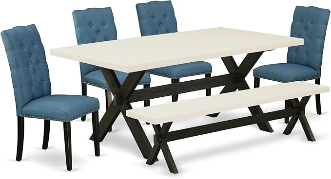 East West Furniture X627EL121-6 6 Piece Dinette Set Contains a Rectangle Dining Room Table with X-Legs and 4 Blue Linen Fabric Parson Chairs with a Bench, 40x72 Inch, Multi-Color