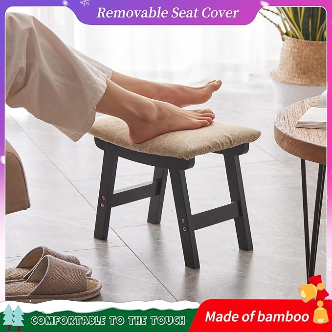 Foot Stool,Ottoman,Bamboo Small Sofa Foot Rest Under Desk,Extra Seating for Living Room, Bedroom and Kitchen (Black Stool Legs - Beige Surface)