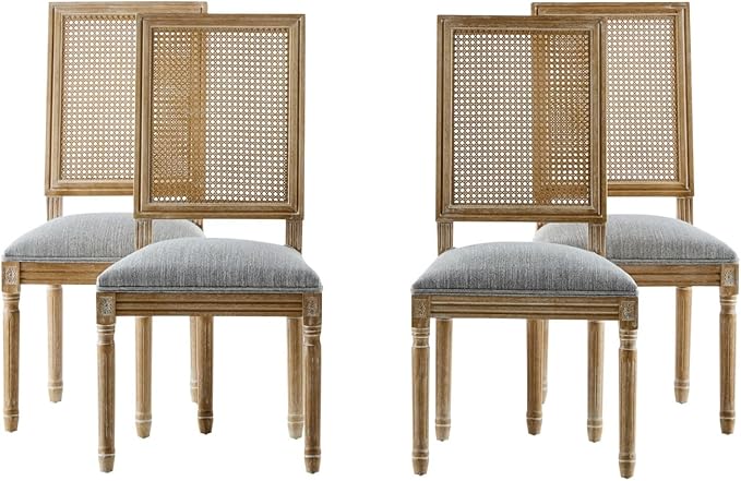 Merax Upholstered Solid Wood Dining Chairs Set of 4, French Country Style Accent Side Seating Furniture for Kitchen, Living Room, Wicker Back, Grayish Green
