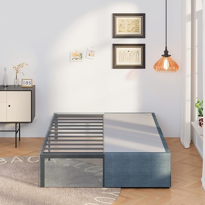 16 Inch Bed Frame Queen Size with Fabric Cover, Metal Platform Queen Bed Frame with Storage No Box Spring Needed, Heavy Duty Non-Slip, Easy Assembly Mattress Foundation