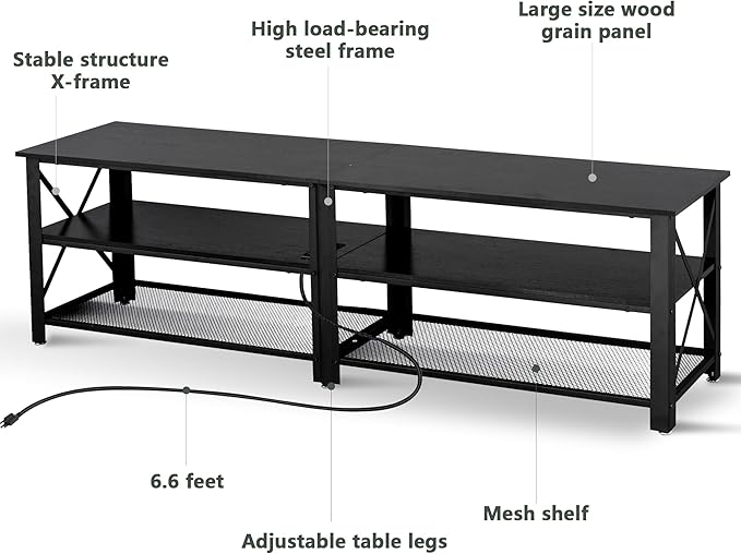 Clikuutory Modern Black 71 inch Metal TV Stand with LED Lights and Power Outlets for 50 60 65 70 75 80 Inch TVs, 3 Tier Television Stands with Entertainment Center and Storage for Living Room, Bedroom