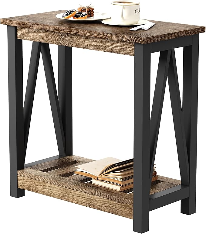 ChooChoo Farmhouse End Table, Narrow Side Table, Slim End Table with Storage Shelf for Small Spaces for Living Room, Bedroom Rustic Oak & Black