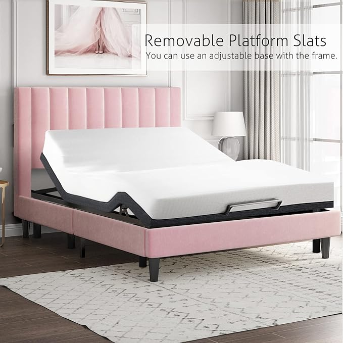 SHA CERLIN Twin Bed Frame/Velvet Upholstered Platform Bed Frame with Headboard/Strong Wood Slats Support/Mattress Foundation/No Box Spring Needed - Pink