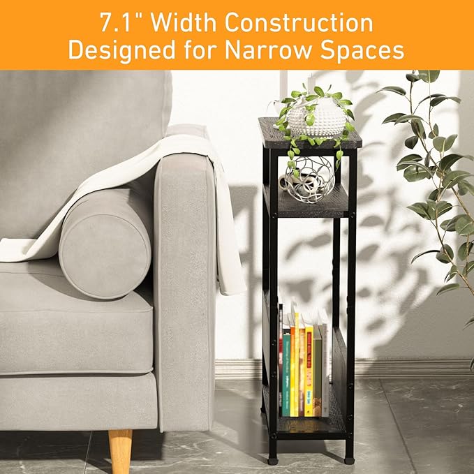 7.1" Narrow Side Table for Small Spaces, 3 Tier Small End Table with Magazine Holder, Slim/Skinny Nightstand/Bedside Table for Living Room, Bedroom, 15.4" L x 24.2" H, Black