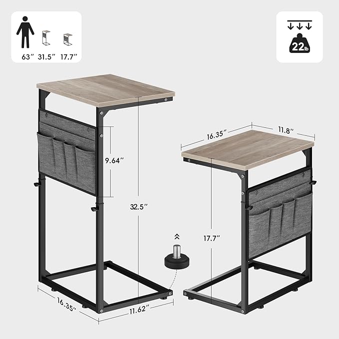 Vagusicc C Shaped End Table, Set of 2 Tall Side Table for Couch, Adjustable Height Small Couch Side Table for Small Spaces, End Table Slide Under Sofa Table TV Tray Arm Table for Living Room, Grey