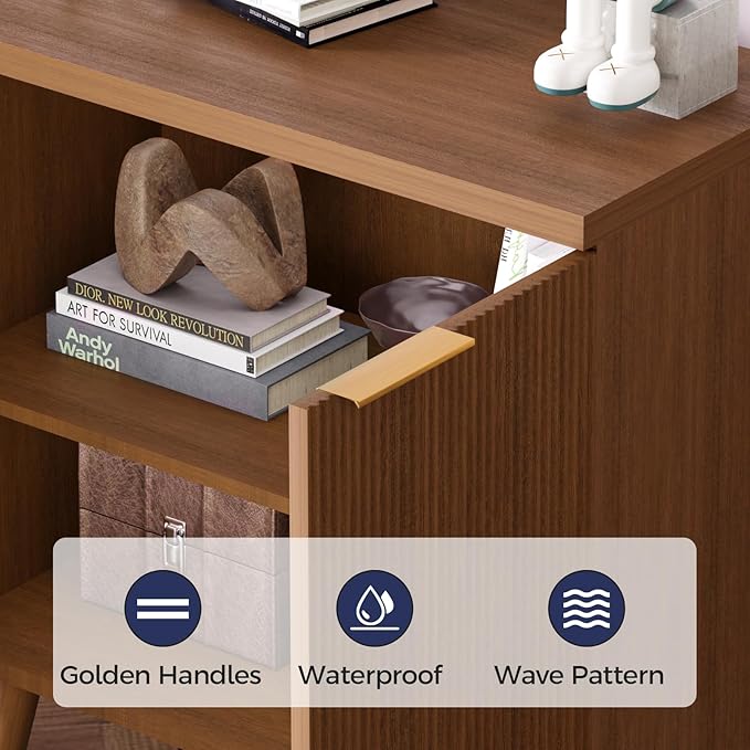 Fluted Buffet Cabinet – Modern Wood Sideboard with 2-Doors & Shelves, Multifunctional Storage Cabinet & Credenzas for Entryway, Dining & Living Room, Walnut