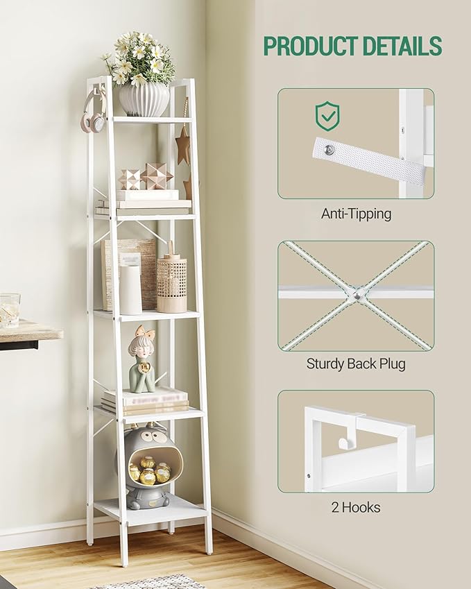 Ladder Shelf, Bookshelf Bookcase, Freestanding Corner Storage Shelve with 2 Hooks for Home Office, Living Room, Kitchen, Bedroom, Industrial, 5-Tier White BC03213W
