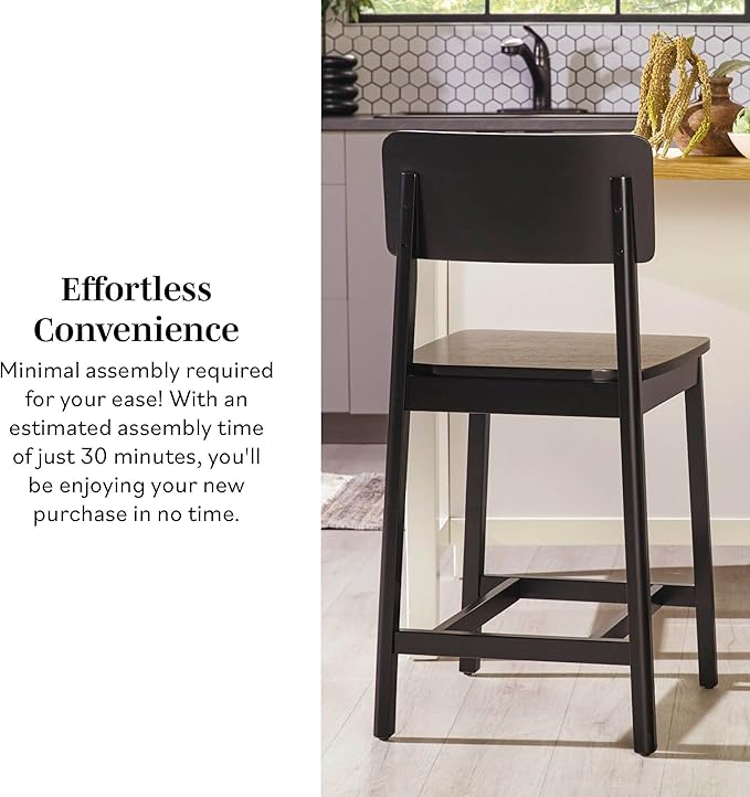 Walker Edison 2-Piece Minimalist Solid Wood Counter Stool, Set of 2, Black