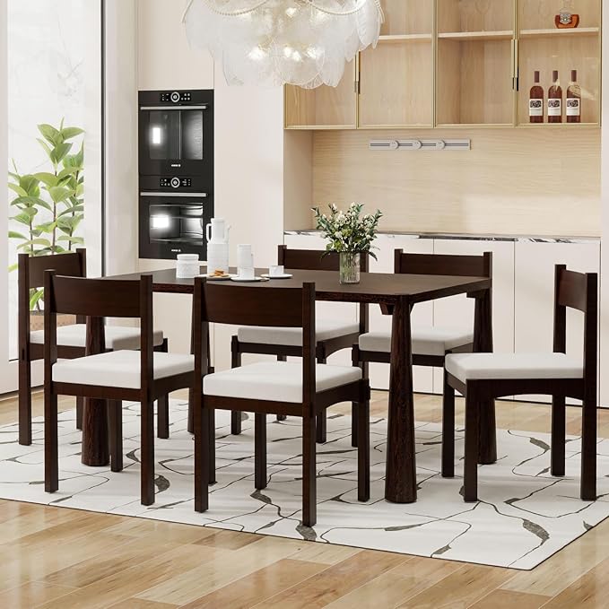 Dining Table with Chairs Set of 6, 7-Piece 60" Farmhouse Rectangular Dining Room Table with 6 Upholstered Solid Wood Chairs, Space Saving Kitchen Tables for Small Place (Espresso)