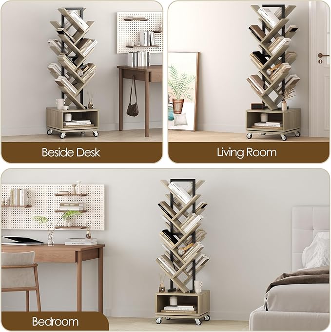 Double Sided Rotating Tree Bookshelf - 7-Tier Retro Floor Standing Bookcase, Wood Storage for Books, CDs, Movies, Perfect for Small Spaces in Bedroom, Living Room, Home Office, Grey