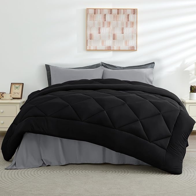 HEVUMYI Cali-King Comforter Set - 7-Piece All Season Bed in a Bag Cali-King, Ultra Soft Bedding Set with Comforter, Flat Sheet, Fitted Sheet, Pillowcases, Pillow Shams, Black & Light Grey